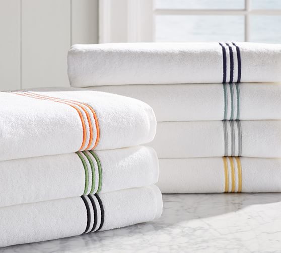 white towels with blue trim