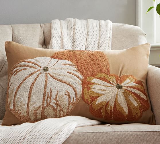 Pumpkin Embroidered Lumbar Pillow Cover, 16 x 26" Pottery Barn