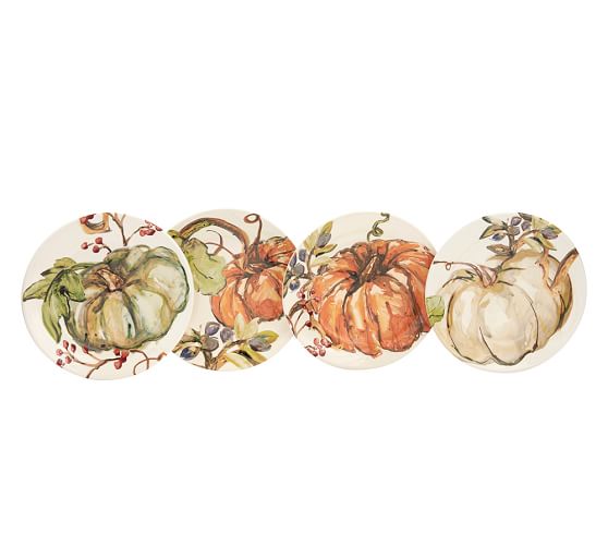 Watercolor Painted Pumpkin Plates, Mixed Set of 4 Pottery Barn