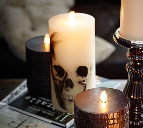 Premium Flicker Flameless Skull Decal Wax Pillar Candle Pottery Barn