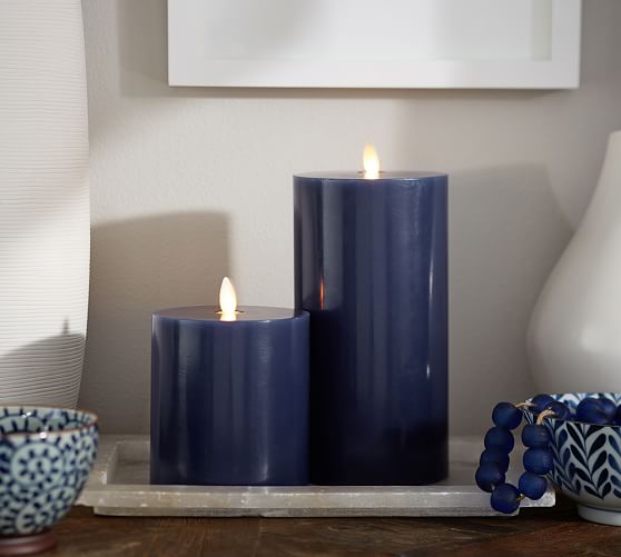 Navy Flickering Flameless Pillars Pottery Barn