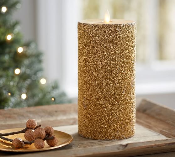 Premium Flicker Flameless Wax Pillar Candle Gold Beaded Pottery Barn