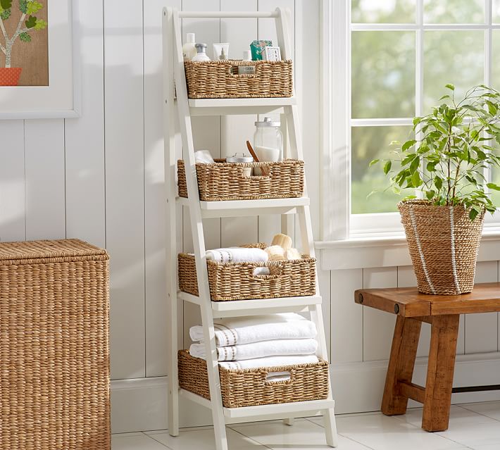 Ladder Bathroom Shelves Best 2017 Oversized Ladder Style Teak Bathroom Shelf Ainsley Floor Storage With Baskets Pottery Barn