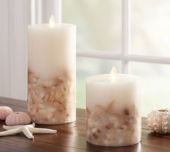 Premium Flicker Flameless Seashell Wax Pillar Candle Pottery Barn
