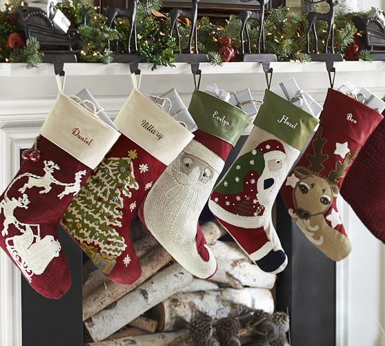 Classic Crewel Embroidered Stockings - Santa Face | Pottery Barn