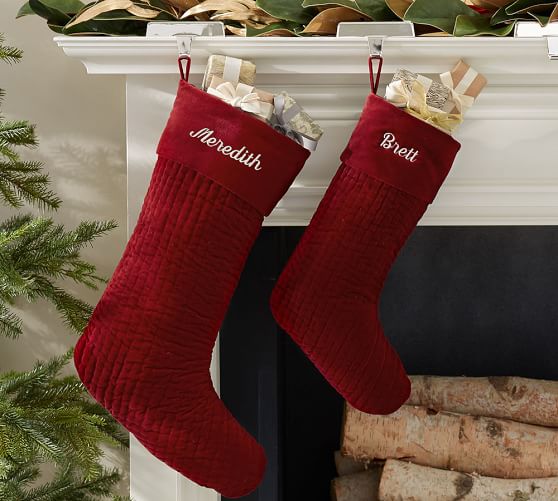 Channel Quilted Velvet Stocking - Ruby | Pottery Barn