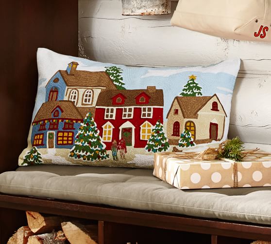 Winter Village Crewel Embroided Lumbar Pillow Cover | Pottery Barn